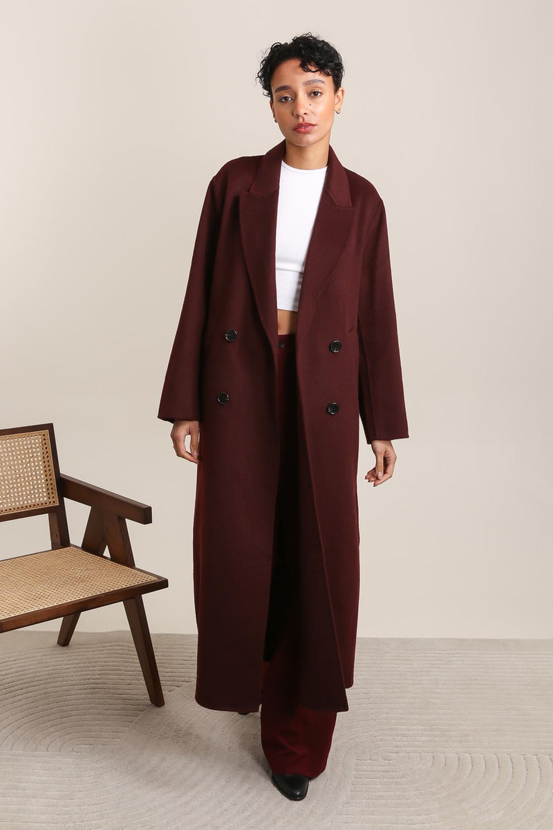 Langer Wollmantel weinrot – LOLA Fashion Store