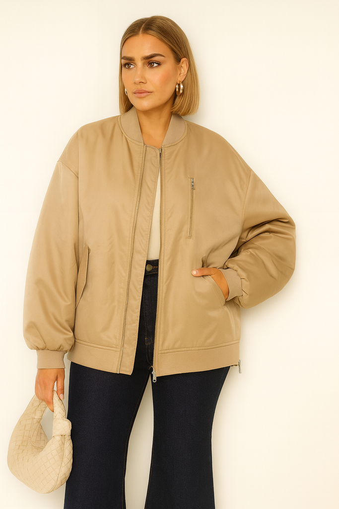 Oversized Bomberjacke Damen Beige mit Teddy-Innenfutter