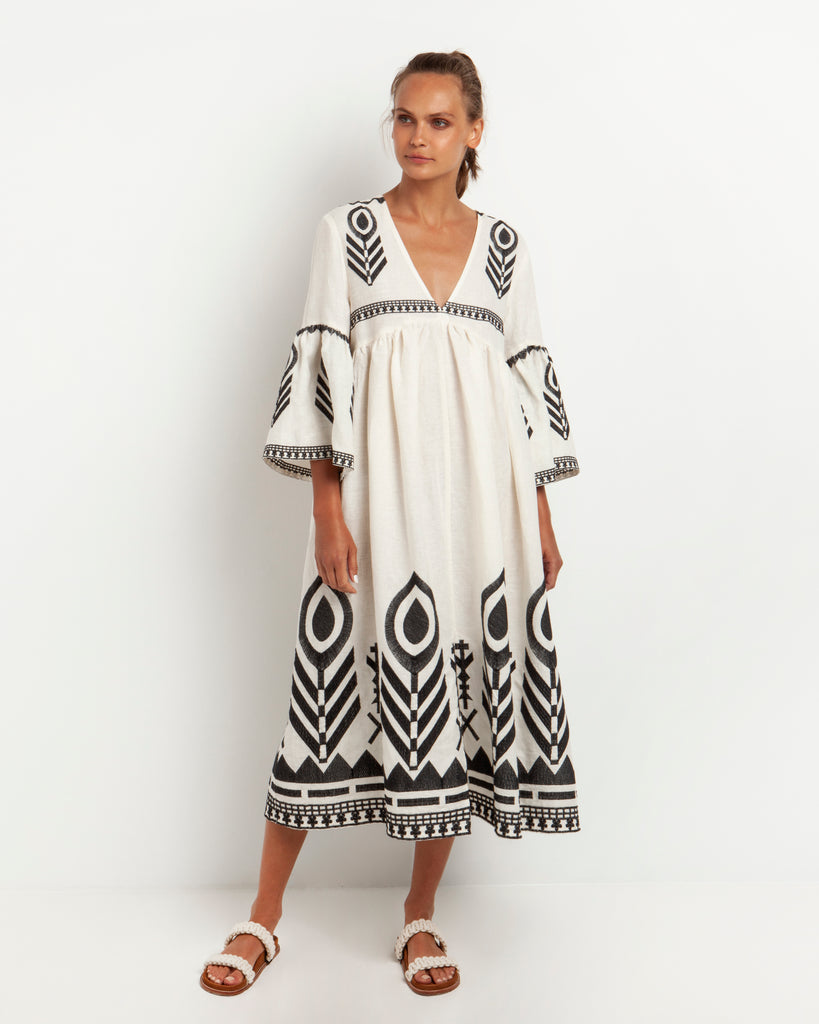 Greek Archaic Kori Linen Feather Midi Dress Weiss Schwarz