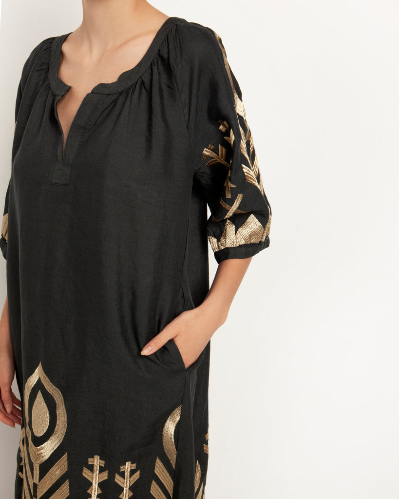 Greek Archaic Kori Linen Feather Dress Charcoal Gold