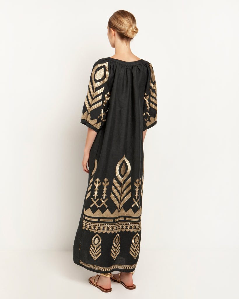 Greek Archaic Kori Linen Feather Dress Charcoal Gold