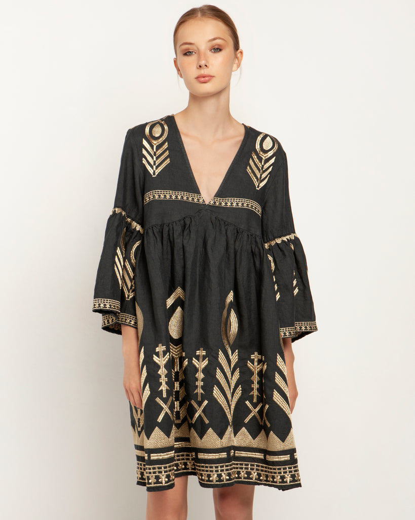 Greek Archaic Kori Linen Feather Dress Charcoal Gold