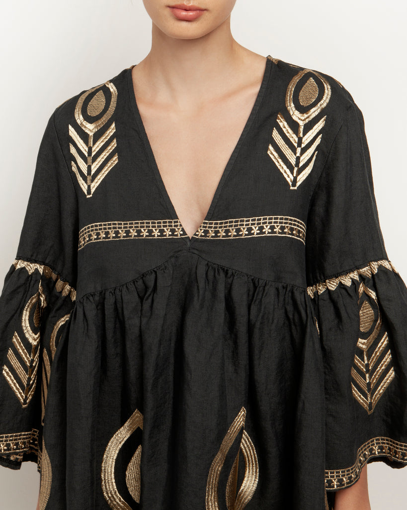 Greek Archaic Kori Linen Feather Dress Charcoal Gold