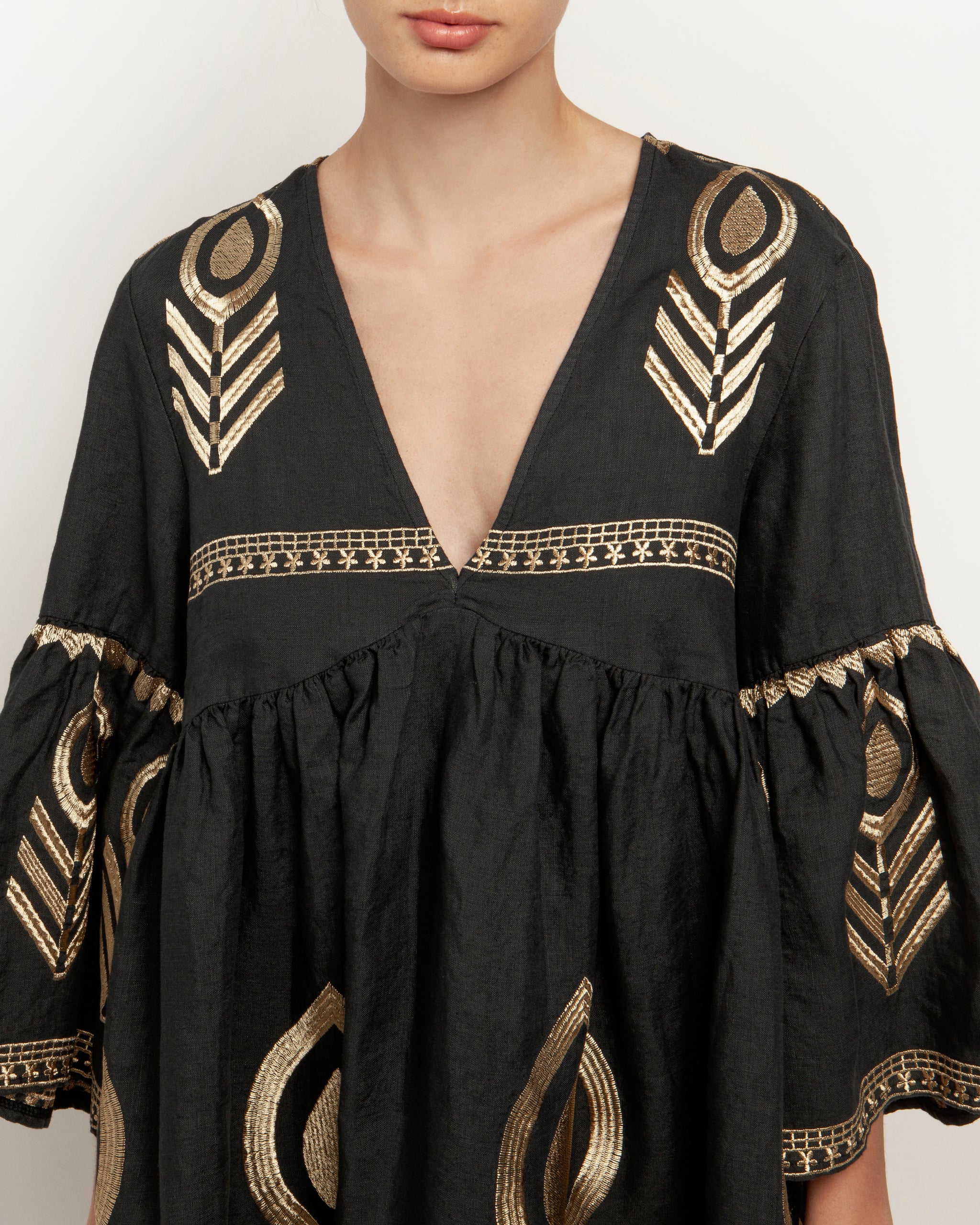 Greek Archaic Kori Linen Feather Dress Charcoal Gold – LOLA Fashion Store