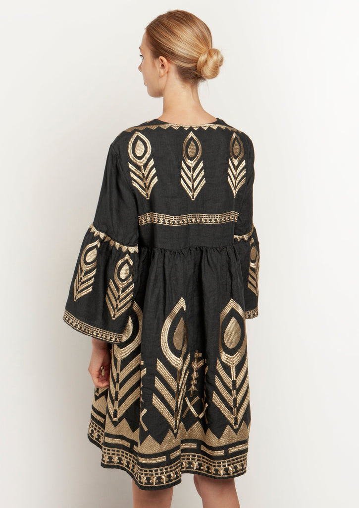 Greek Archaic Kori Linen Feather Dress Charcoal Gold