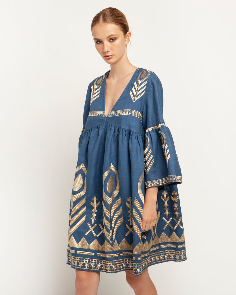 Greek Archaic Kori Linen Feather Dress Indigo Gold