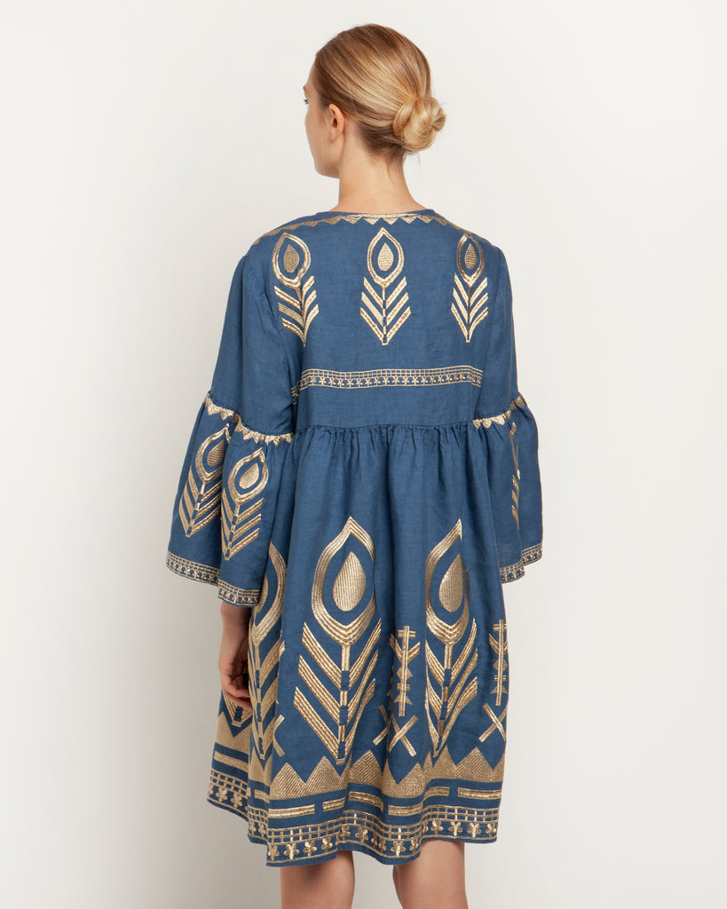 Greek Archaic Kori Linen Feather Dress Indigo Gold