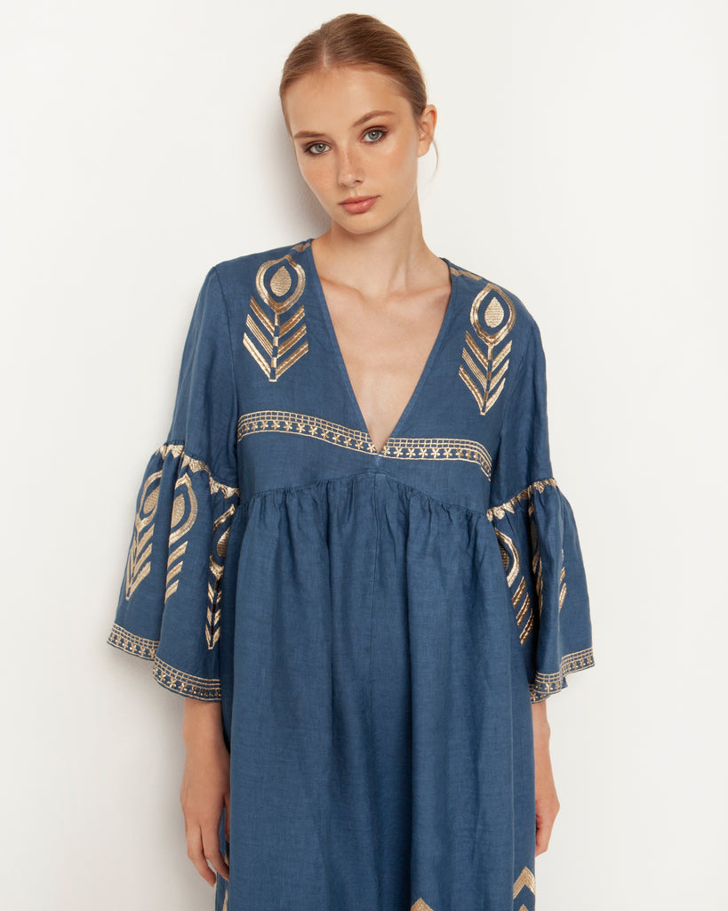 Greek Archaic Kori Linen Feather Midi Dress Indigo Gold