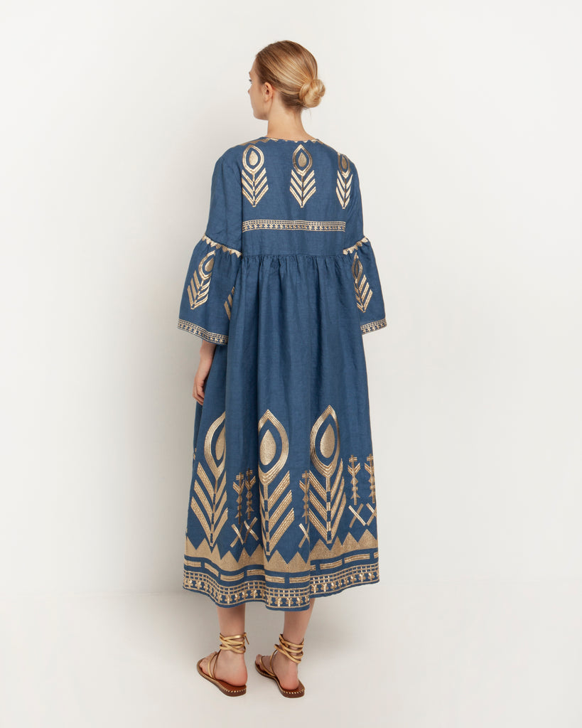 Linen Feather Midi Dress Indigo Gold