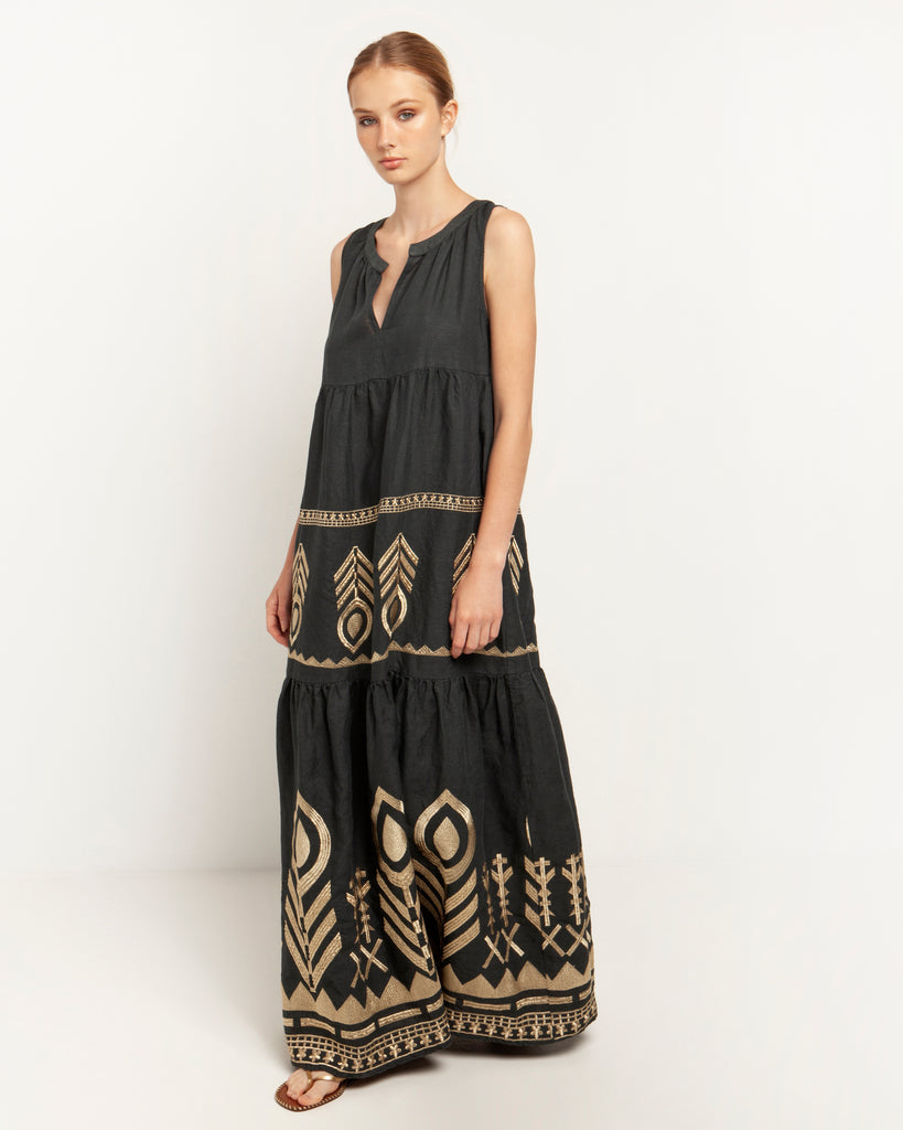 Greek Archaic Kori Linen Feather Maxi Dress Charcoal Gold