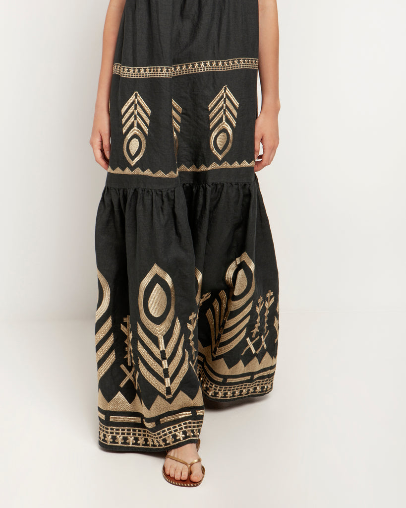 Greek Archaic Kori Linen Feather Maxi Dress Charcoal Gold