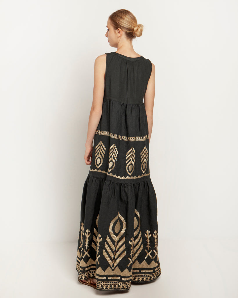Greek Archaic Kori Linen Feather Maxi Dress Charcoal Gold