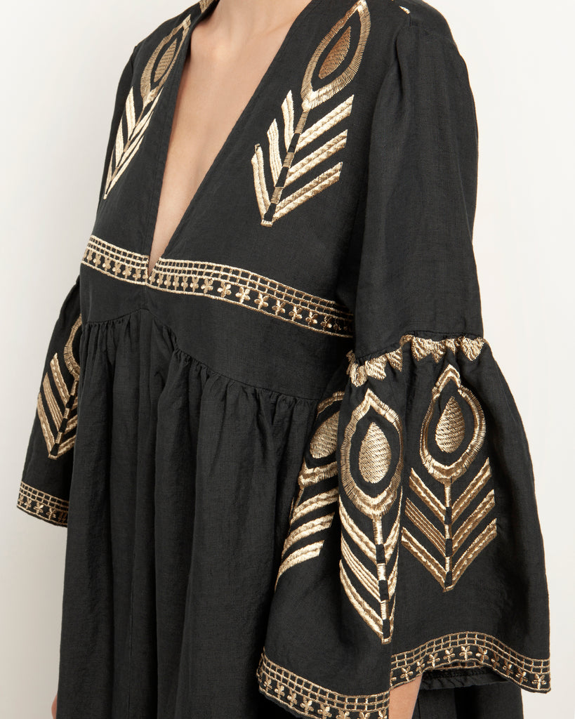 Greek Archaic Kori Linen Feather Midi Dress Charcoal Gold