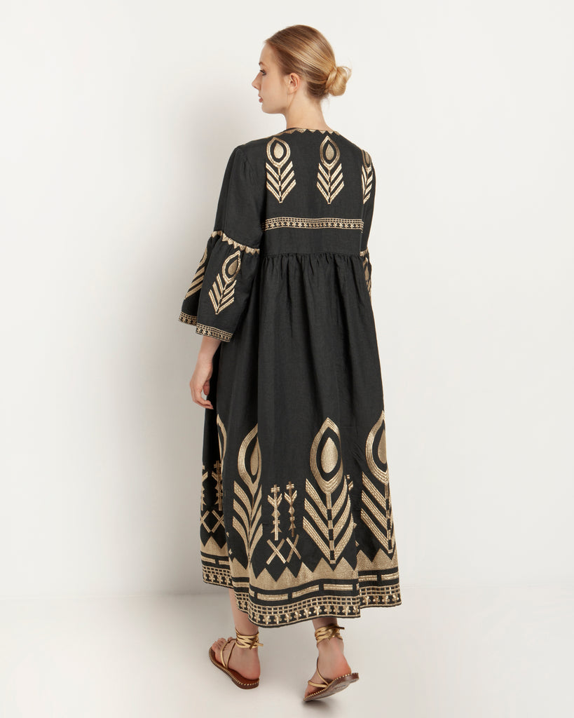 Greek Archaic Kori Linen Feather Midi Dress Charcoal Gold