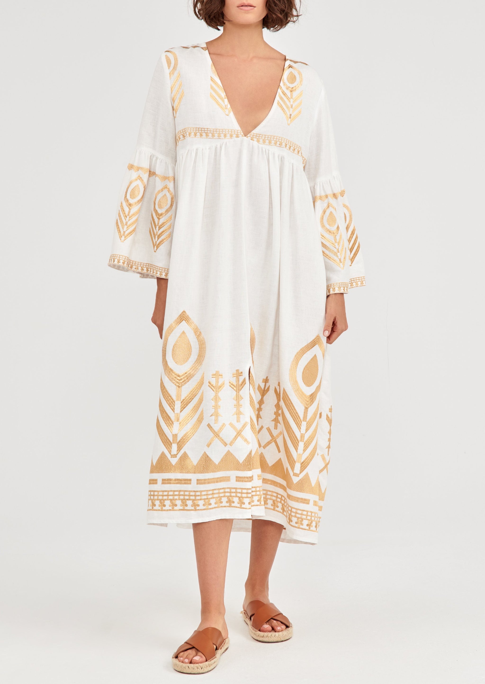 GREEK ARCHAIC KORI Linen Feather Midi Dress Weiss/ Gold – LOLA Fashion Store