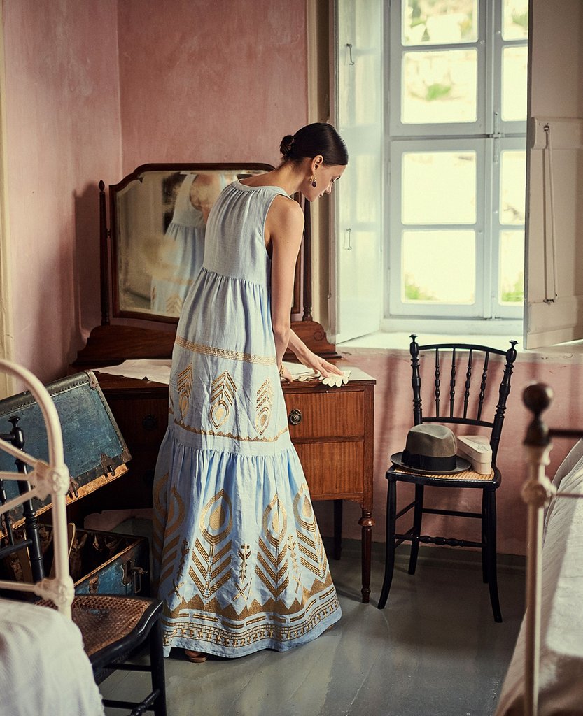 GREEK ARCHAIC KORI Linen Feather Dress light blue/ gold SALE