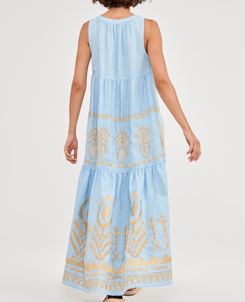GREEK ARCHAIC KORI Linen Feather Dress light blue/ gold SALE