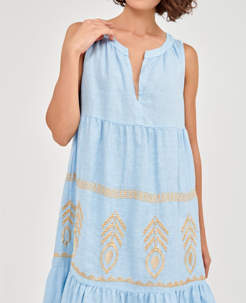 GREEK ARCHAIC KORI Linen Feather Dress light blue/ gold SALE