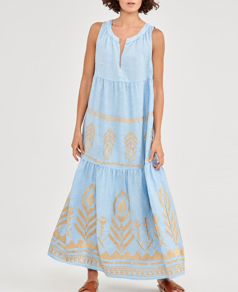 GREEK ARCHAIC KORI Linen Feather Dress light blue/ gold SALE